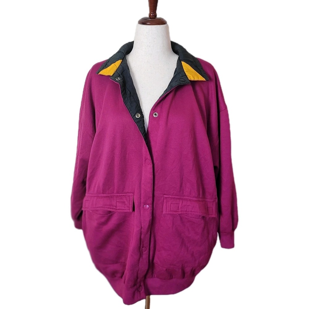 Vintage 80s Reversible Jacket Womens M/L Oversized Black Pink Windbreaker Bomber